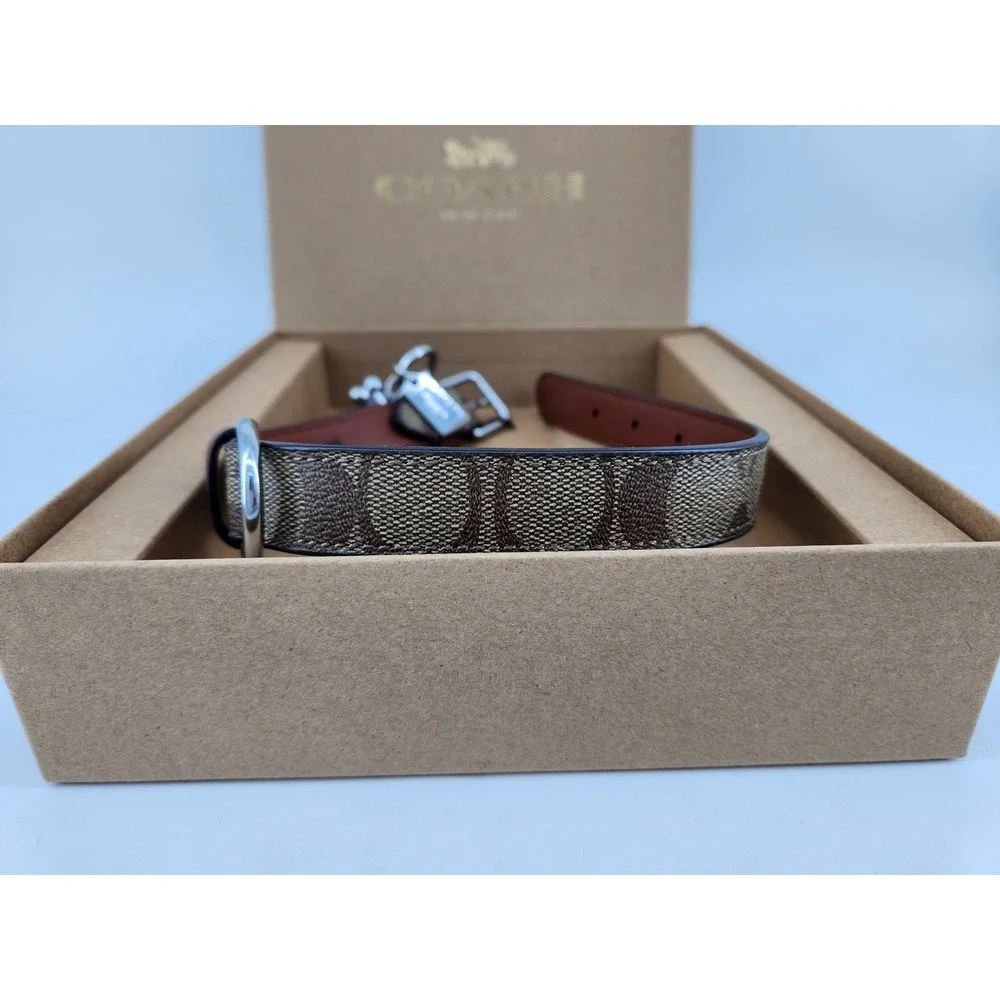 New Coach Dog Collar Medium Khaki Saddle Signature Canvas Leather CH146 J2392